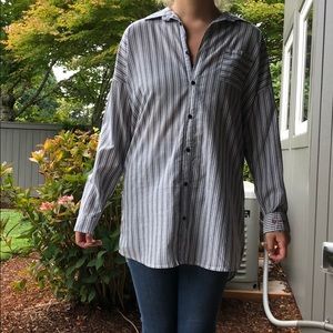 striped, button-up shirt